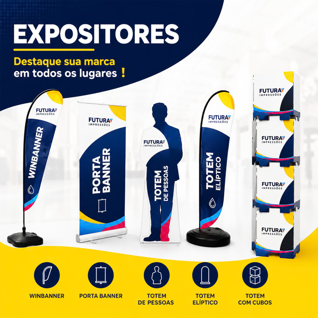 Expositores em lona, tecido, polionda, pvc, metalon e pvc expandido.